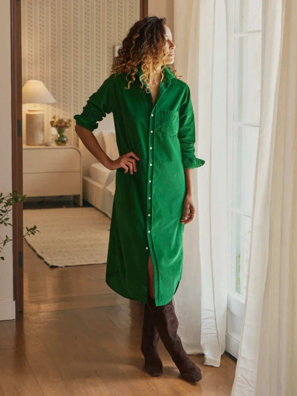 Frank & Eileen Emerald Green Button-Front Midi Shirt Dress